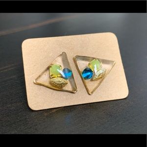 Handmade triangle rhinestones caped in resin stud earrings